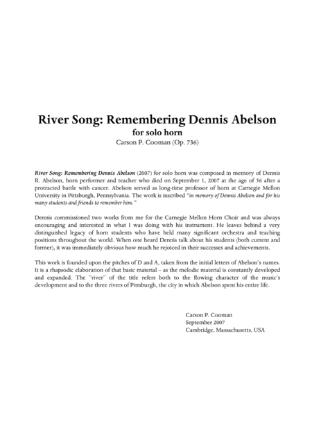 Carson Cooman River Song Remembering Dennis Abelson For Horn Sheet Music