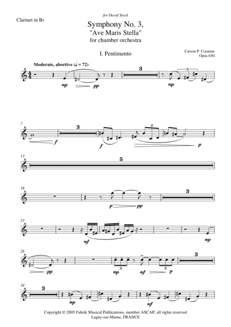 Carson Cooman Symphony No 3 Ave Maris Stella 2005 For Chamber Orchestra Bb Clarinet Part Sheet Music