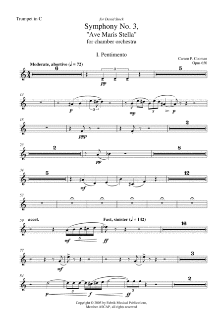 Carson Cooman Symphony No 3 Ave Maris Stella 2005 For Chamber Orchestra C Trumpet Part Sheet Music