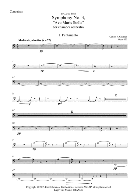 Carson Cooman Symphony No 3 Ave Maris Stella 2005 For Chamber Orchestra Contrabass Part Sheet Music