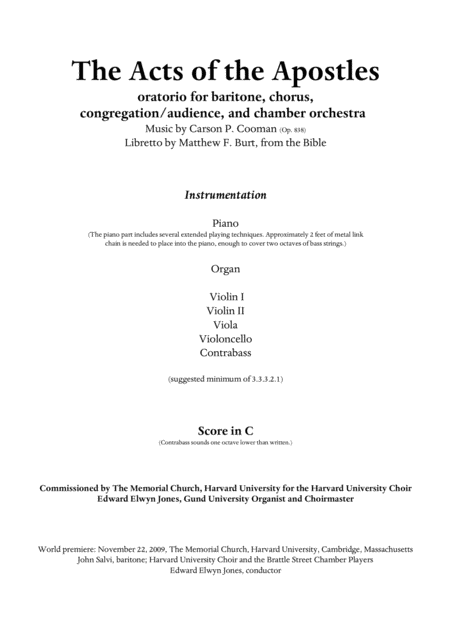 Carson Cooman The Acts Of The Apostles 2009 An Oratorio For Baritone Chorus Congregation Audience And Chamber Orchestra Vocal Score Sheet Music