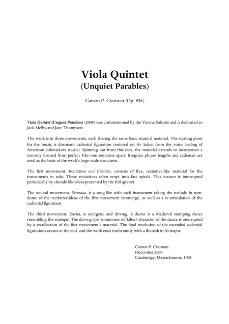 Free Sheet Music Carson Cooman Viola Quintet Unquiet Parables 2009 For Two Violins Two Violas And Cello