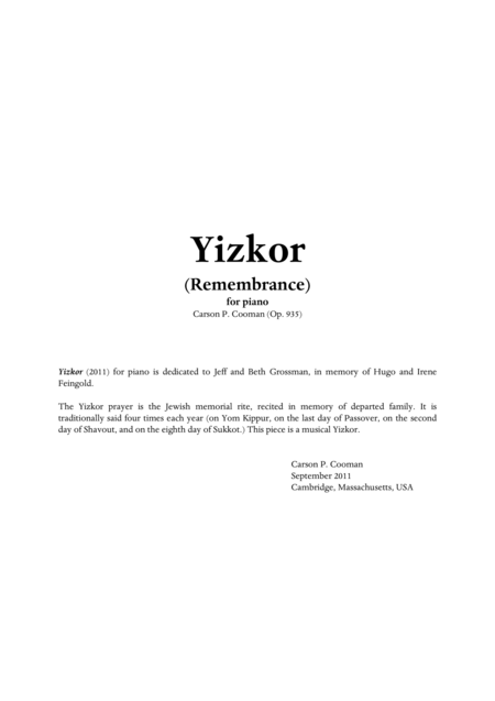 Free Sheet Music Carson Cooman Yizkor For Piano