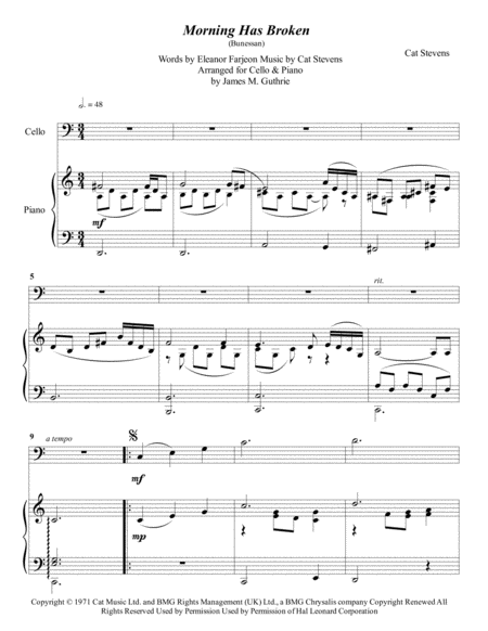 Cat Stevens Morning Has Broken For Cello Piano Sheet Music