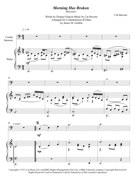 Cat Stevens Morning Has Broken For Contrabassoon Piano Sheet Music