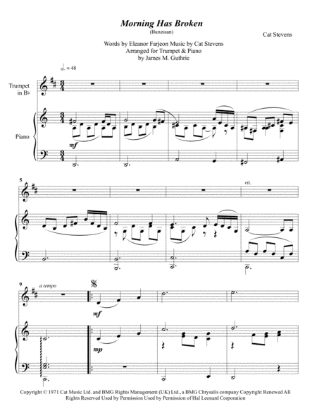 Free Sheet Music Cat Stevens Morning Has Broken For Trumpet Piano