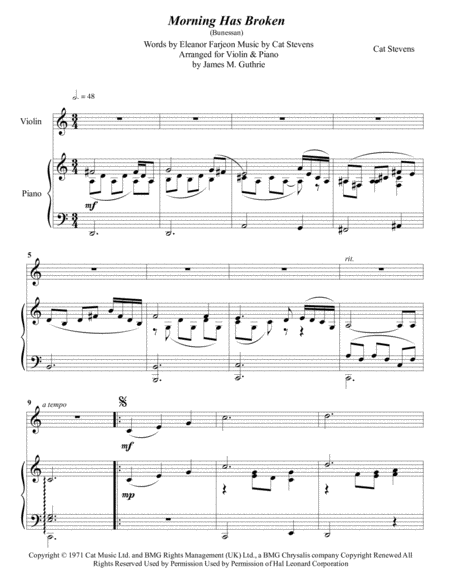 Cat Stevens Morning Has Broken For Violin Piano Sheet Music