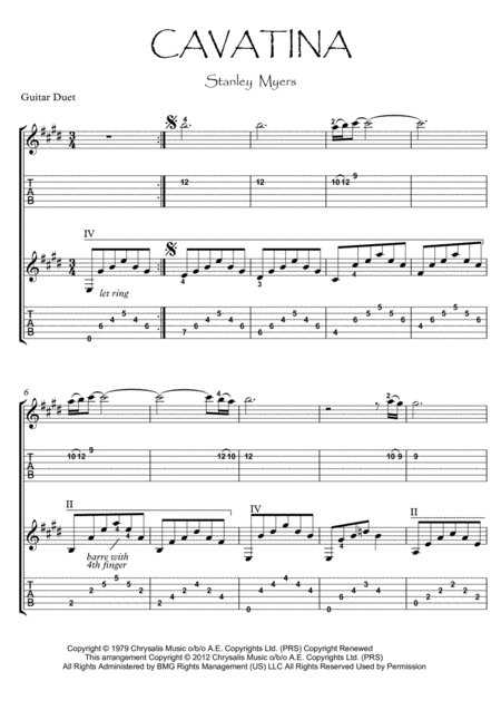 Cavatina By Stanley Myers Guitar Duet Sheet Music