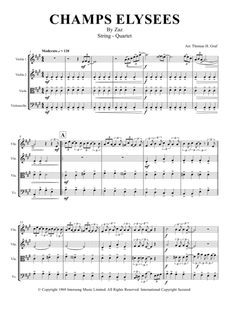 Champs Elysees Zaz String Quartet Sheet Music