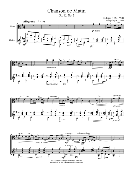 Chanson De Matin For Viola And Guitar Sheet Music