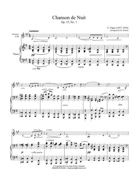 Chanson De Nuit And Chanson De Matin Op 15 For Clarinet In Bb And Piano Sheet Music