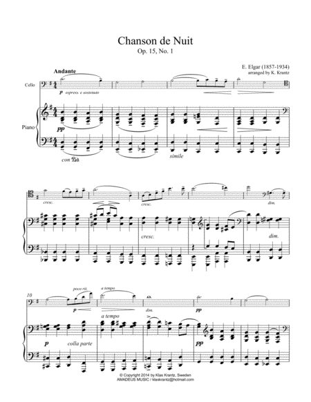 Free Sheet Music Chanson De Nuit For Cello And Piano