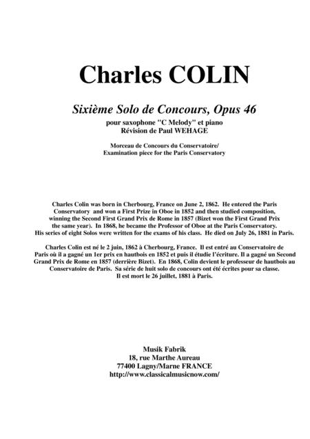 Charles Colin Sixime Solo De Concours Opus 46 Arranged For C Melody Saxophone And Piano Sheet Music