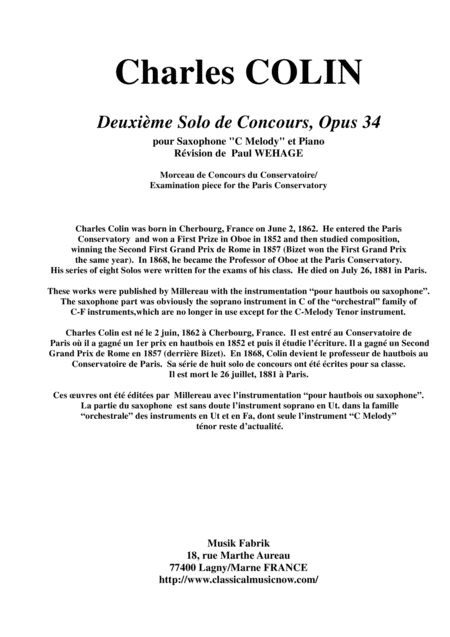 Charles Colin Solo De Concours Opus 34 For C Melody Saxophone And Piano Sheet Music