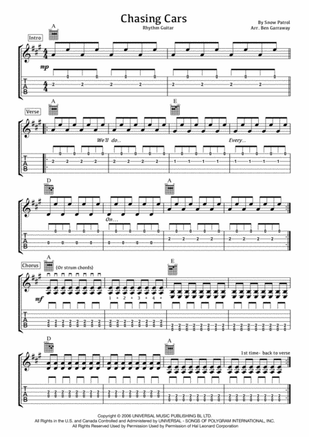 Chasing Cars Beginner Guitar Sheet Music