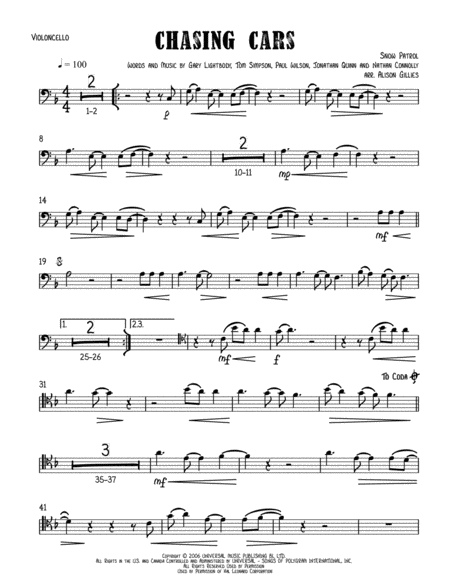 Free Sheet Music Chasing Cars Cello And Piano