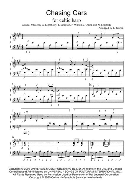 Free Sheet Music Chasing Cars Easy Harp Version