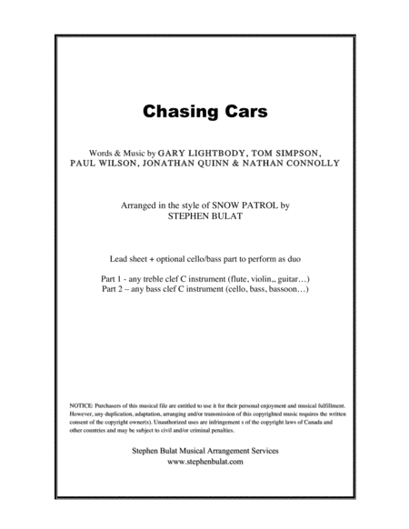 Chasing Cars Snow Patrol Lead Sheet Optional Cello Bass Part In Original Key Of A Sheet Music