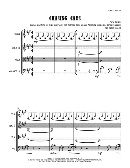 Free Sheet Music Chasing Cars String Trio Optional Vln2 Or Vla