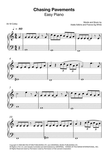 Chasing Pavements Easy Piano Sheet Music