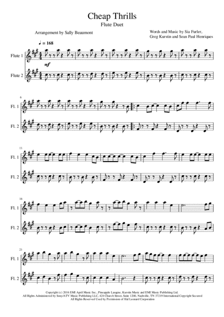 Cheap Thrills Sia Flute Duet Sheet Music