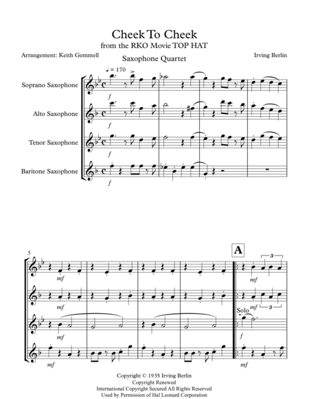 Free Sheet Music Cheek To Cheek Saxophone Quartet