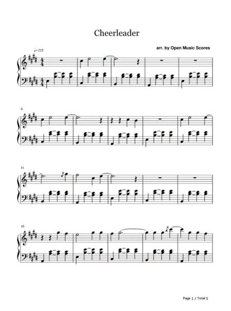 Cheerleader Piano Solo Sheet Music