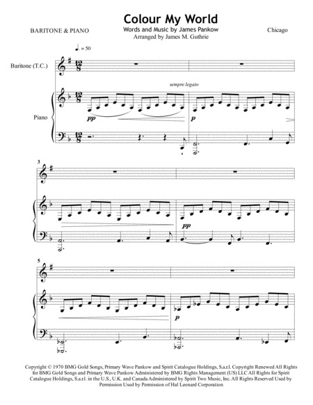 Free Sheet Music Chicago Colour My World For Baritone Horn Piano