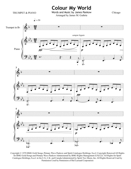 Chicago Colour My World For Trumpet Piano Sheet Music