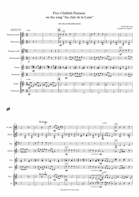 Free Sheet Music Childish Fantasie On French Popular Song Au Clair De La Lune Score And Parts