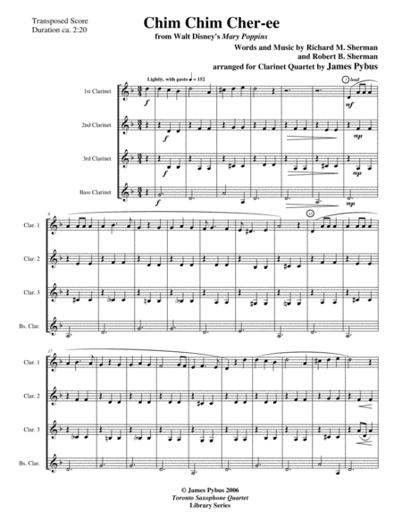 Chim Chim Cher Ee From Walt Disneys Mary Poppins Clarinet Quartet Version Sheet Music