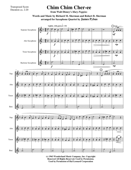 Chim Chim Cher Ee From Walt Disneys Mary Poppins Satb Or Aatb Saxophone Quartet Version Sheet Music