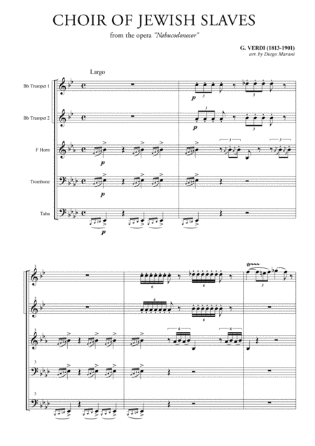 Free Sheet Music Choir Of The Jewish Slaves For Brass Quintet