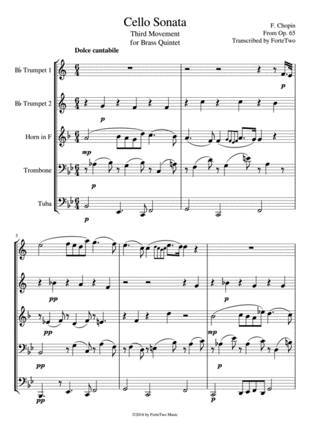 Chopin Cello Sonata Third Movement For Brass Quintet Sheet Music