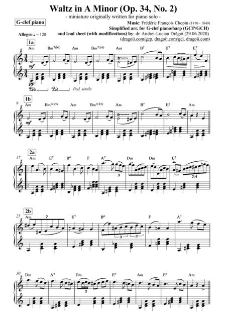 Chopin Frederic Waltz In Am Op 34 No 2 Simplified Arrangement For G Clef Piano Harp Gcp Gch Including Lead Sheet Am Sheet Music