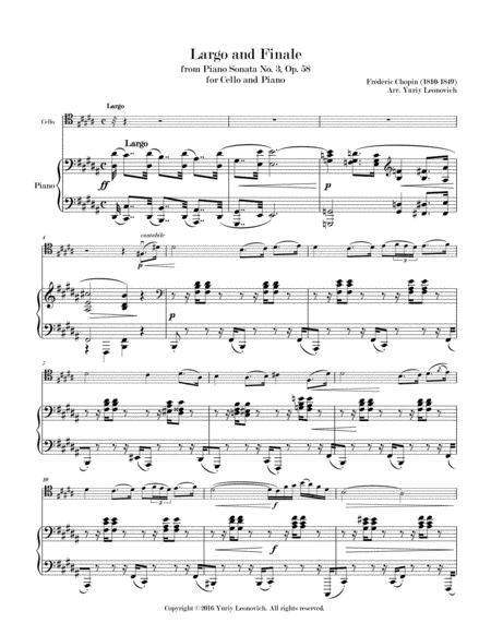 Chopin Largo And Finale From Piano Sonata No 3 Arranged For Cello And Piano Sheet Music