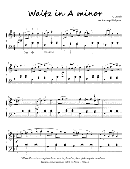 Chopins Waltz In A Minor For Simplified Piano Sheet Music