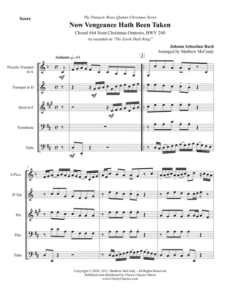 Free Sheet Music Choral No 64 From Christmas Oratorio Bwv 248 For Brass Quintet