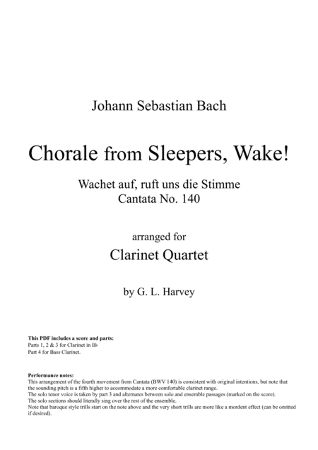 Chorale From Sleepers Wake Bwv 140 For Clarinet Quartet Sheet Music