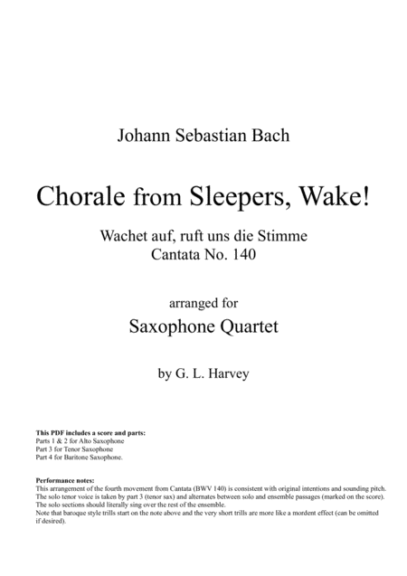 Chorale From Sleepers Wake Bwv 140 For Saxophone Quartet Sheet Music