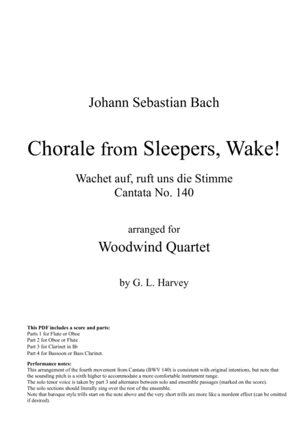 Free Sheet Music Chorale From Sleepers Wake Bwv 140 For Woodwind Quartet