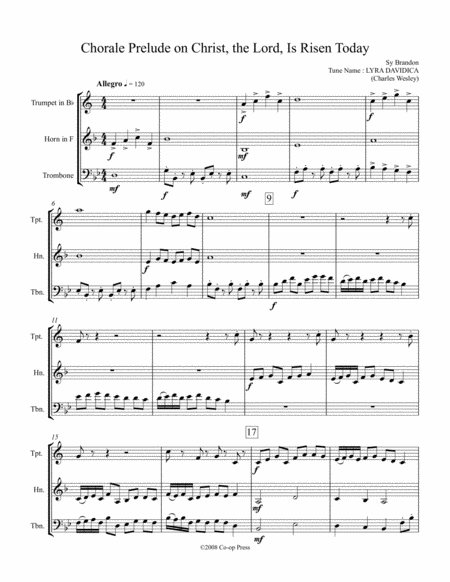 Free Sheet Music Chorale Prelude On Christ The Lord Is Risen Today For Brass Trio