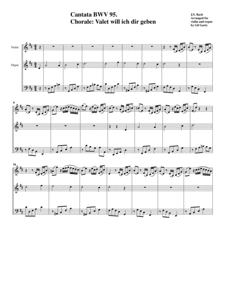 Free Sheet Music Chorale Valet Will Ich Dir Geben From Cantata Bwv 95 Arrangement For Violin And Organ