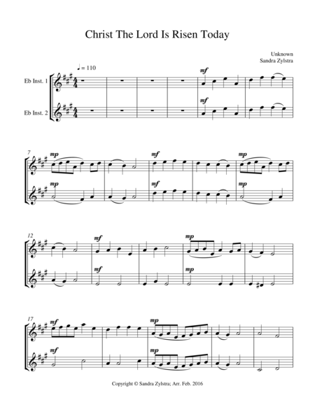 Christ The Lord Is Risen Today Treble Eb Instrument Duet Parts Only Sheet Music