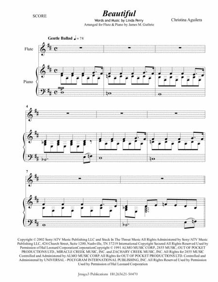 Free Sheet Music Christina Aguilera Beautiful For Flute Piano