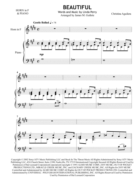 Free Sheet Music Christina Aguilera Beautiful For French Horn Piano