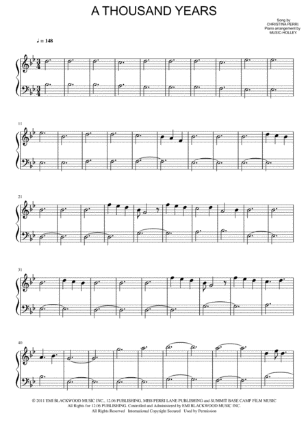 Christina Perri A Thousand Years Easy Piano Sheet Music