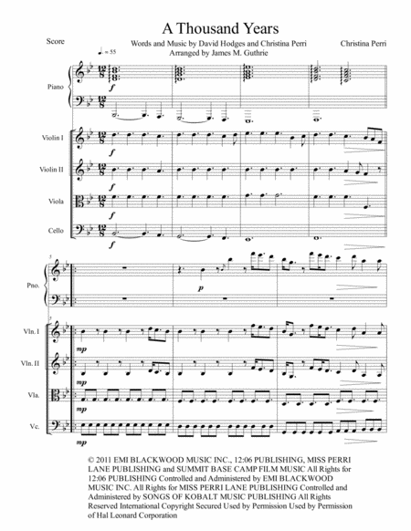 Christina Perri A Thousand Years For String Quartet Piano Sheet Music