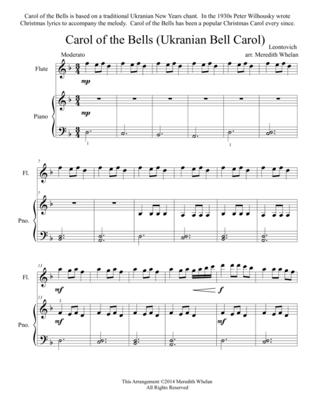 Free Sheet Music Christmas Duets For Flute Piano Carol Of The Bells Ukranian Bell Carol