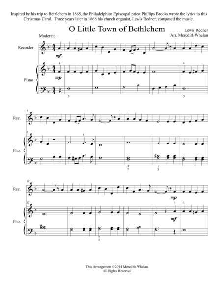 Christmas Duets For Recorder Piano Little Town Of Bethlehem Sheet Music